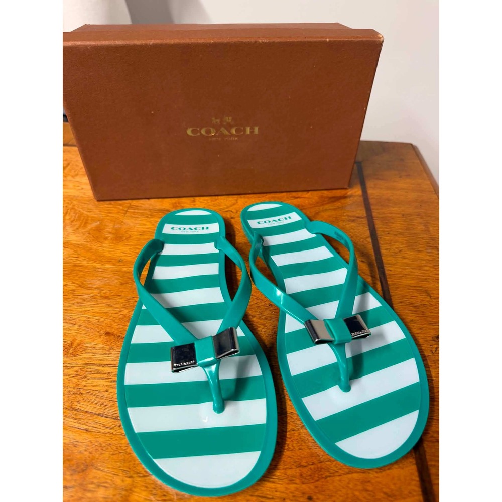 Coach Womens 8B Green Striped London Jelly Flip Flop Sandals Bow Accent